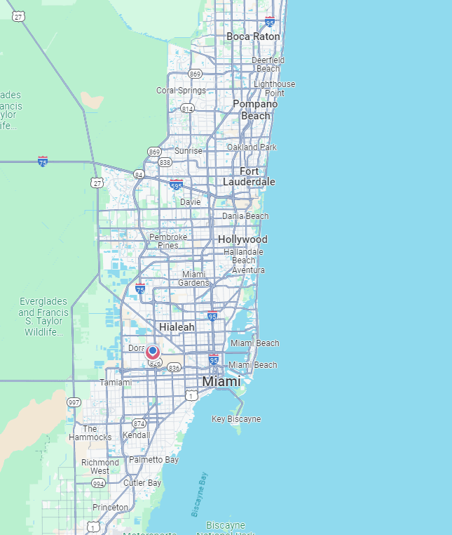 Map of our plumbing service area in Miami Lakes